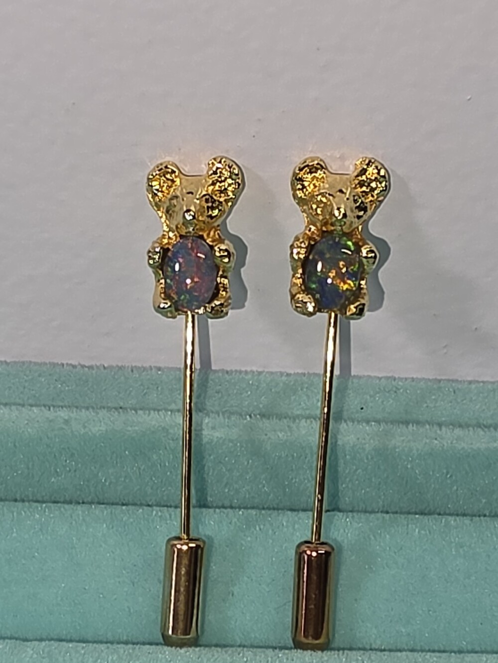 #2598, Rare Two  Autralian Gold Tone Koala Bear Stick Pin, Opal Stone. Great Con